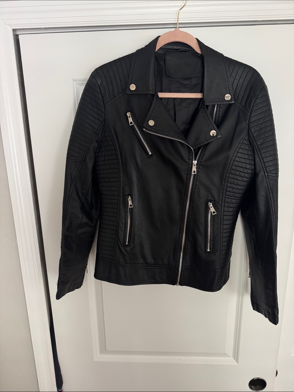 Source Unknown Black Quilted Faux Leather Moto Jacket - Women's